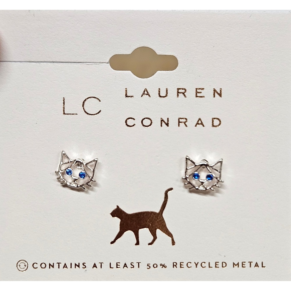 LC Lauren Conrad Silver Tone Geometric Cat Head Stud Earrings Blue Eyes NWT